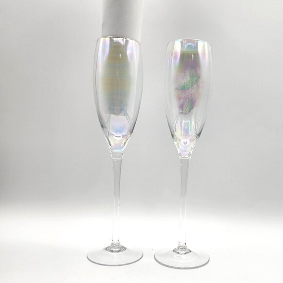 Iridescent Champagne Flutes 9.75"Tall Iridescent Bowl Plain Stem & Base Set of 2 - Picture 3 of 7